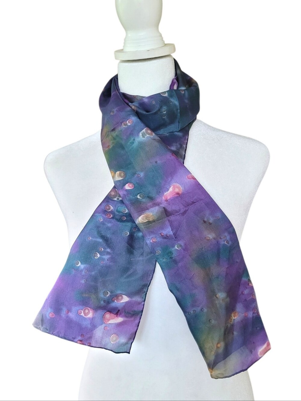 100% Silk Abstract Waterdrop Print Scarf in Blue and Purple